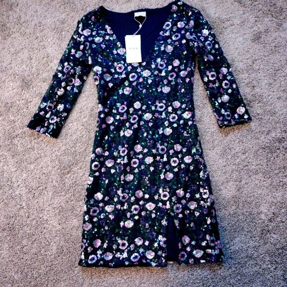 Vila Clothes Multicolored Floral Sequin V Neck Dress NWT Sz 8 - Picture 1 of 9